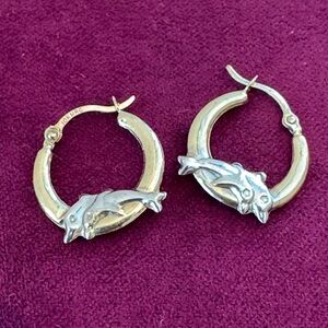 10K Yellow&White Gold Dolphin Hoops Earrings Diamond